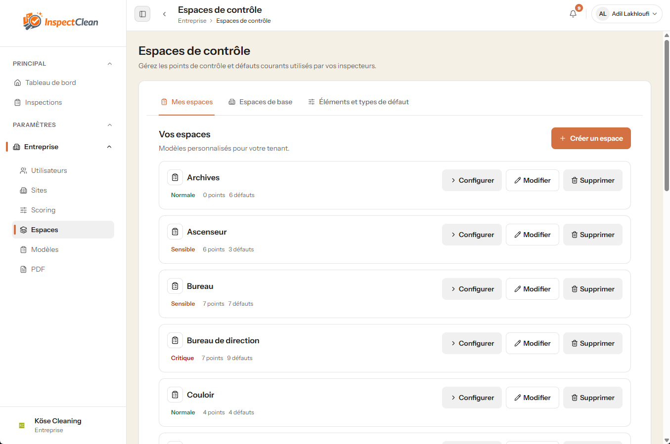 Vue InspectClean de gestion des espaces et du contrôle des zones